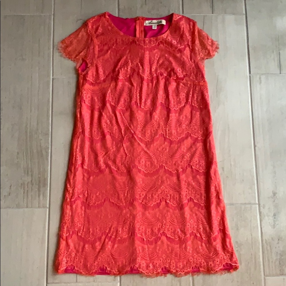 Magenta and coral lace cap sleeve dress. Size s